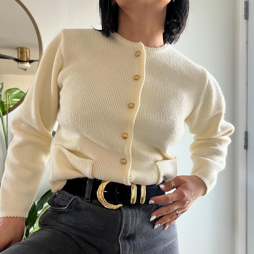 Vintage 80s Creamy Beige Cardigan Neutral Knit Sweater Quiet Luxury Style Medium